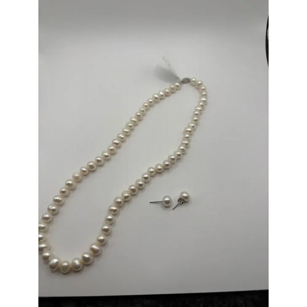 Genuine Cultured Freshwater Pearl Necklace & Earring Sterling Silver Clasp NWT